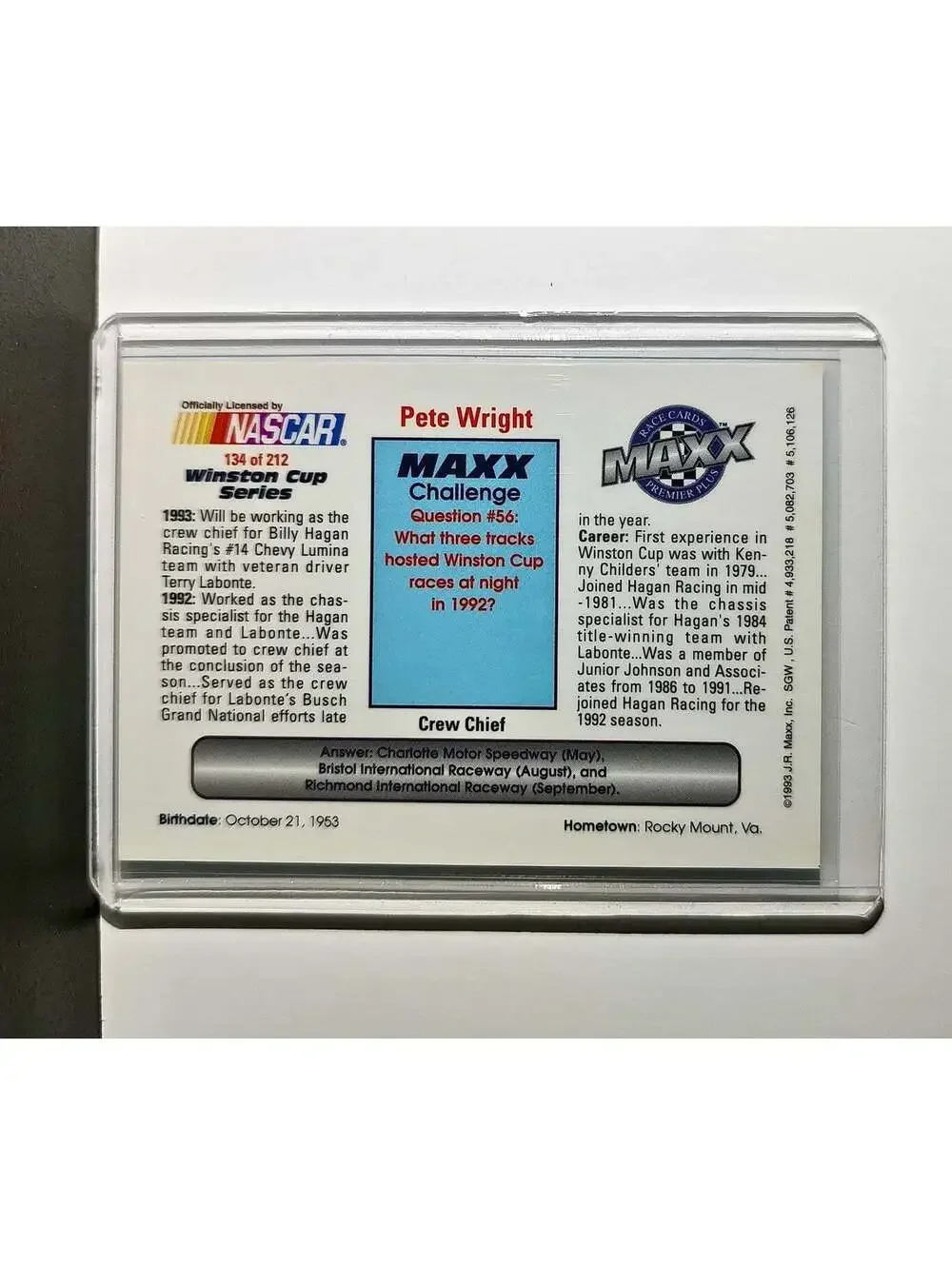 Pete Wright 1993 Maxx Premier Plus Racing #134 NASCAR Card Hagan Enterprises